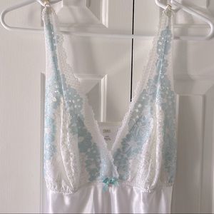 NWT, satin lace nighty, chemise, slip, white/teal, size L